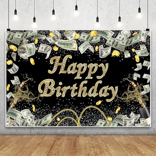 Renaiss 5x3ft Money Birthday Backdrop Black Gold Dollar Bill Birthday