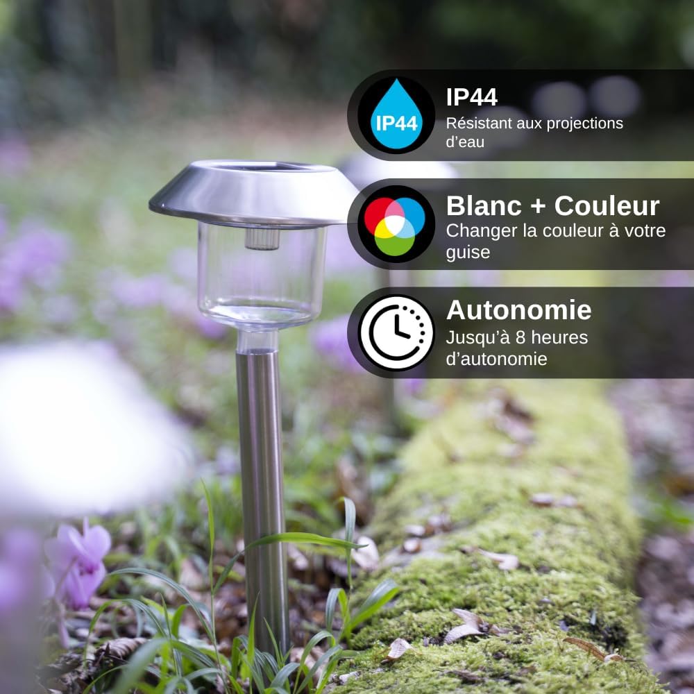Close-up of a Xanlite solar light in a garden setting, with icons indicating IP44 water resistance, RGB color options, and up to 8 hours of autonomy.