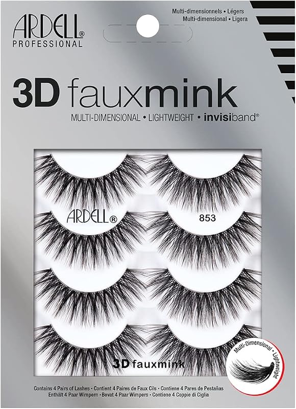 Cílios postiços Ardell 3D Faux Mink 853 com Invisiband, reutilizáveis, Pacote com 4 pares
