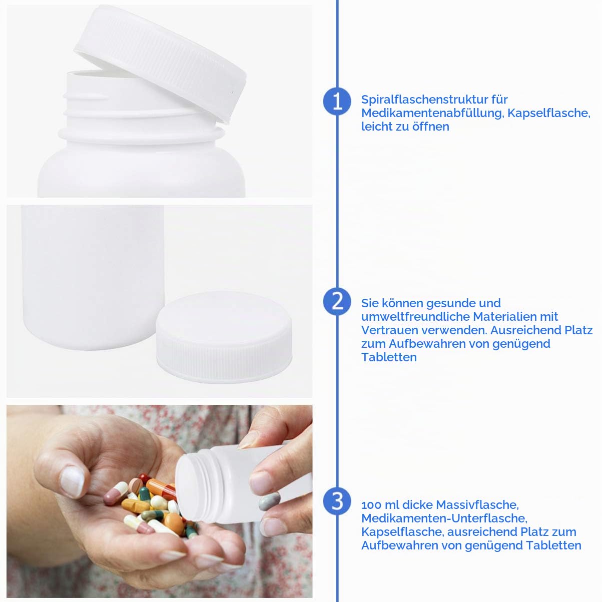 MILISTEN 20 Stück Leere Tablettenflasche Tragbare Kunststoffpulver Medizinhalter Tablette Behälter Fall für Apotheke Vitamine Droge 100Ml (Weiß)