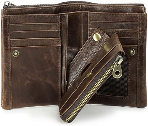 Miniatura 9 de CONTACTS Cartera de cuero para hombre, pequeña, plegable, RFID, con cremallera marrón, vintage, extraíble, bolsillo para monedas, tarjetero con