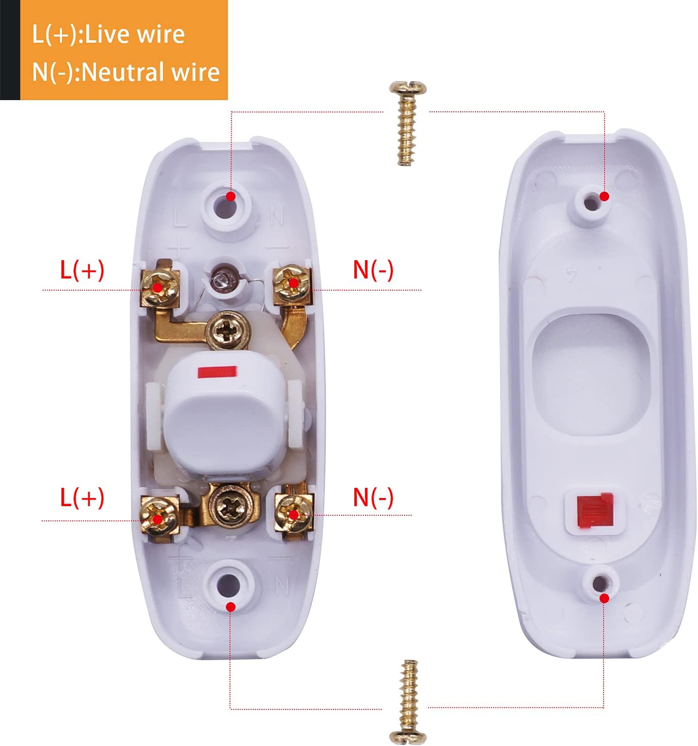 mankk 4PCS Appliance Inline Cord Switch White AC 250V 10A Heavy Duty Thru Switch On Off Lamp Bulb Wall Line Button Control Switch With Red LED Indicator Light GW320-W - - 