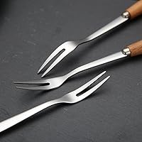 Vista 3 de 6 tenedores de acero inoxidable con mango de madera y dos puntas, horquillas para pastel de frutas