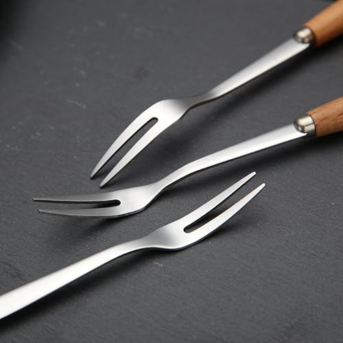 Miniatura 3 de 6 tenedores de acero inoxidable con mango de madera y dos puntas, horquillas para pastel de frutas