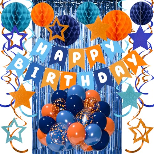 Blue Orange Birthday Decorations for Boys Girls Recosis Balloons in Navy Blue Orange Tones with Happy Birthday Banner Honeycomb Balls Star Hanging Swirls Foil Curtain Décor