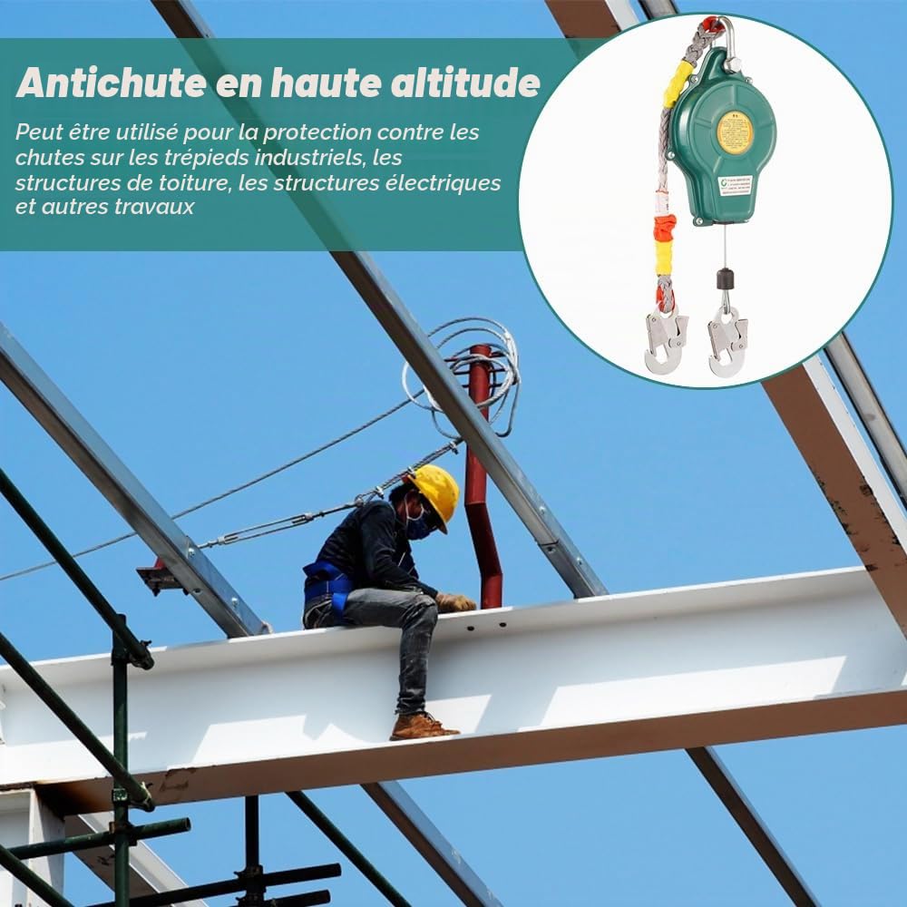 Antichute a Rappel Automatique,Harnais de Securite Anti Chute Certifié,Protection Anti-Chute RéTractable pour Couvreur,Dispositif SéCurité Hauteur avec Fonction Verrouillage Automatique,Charge: 150kg