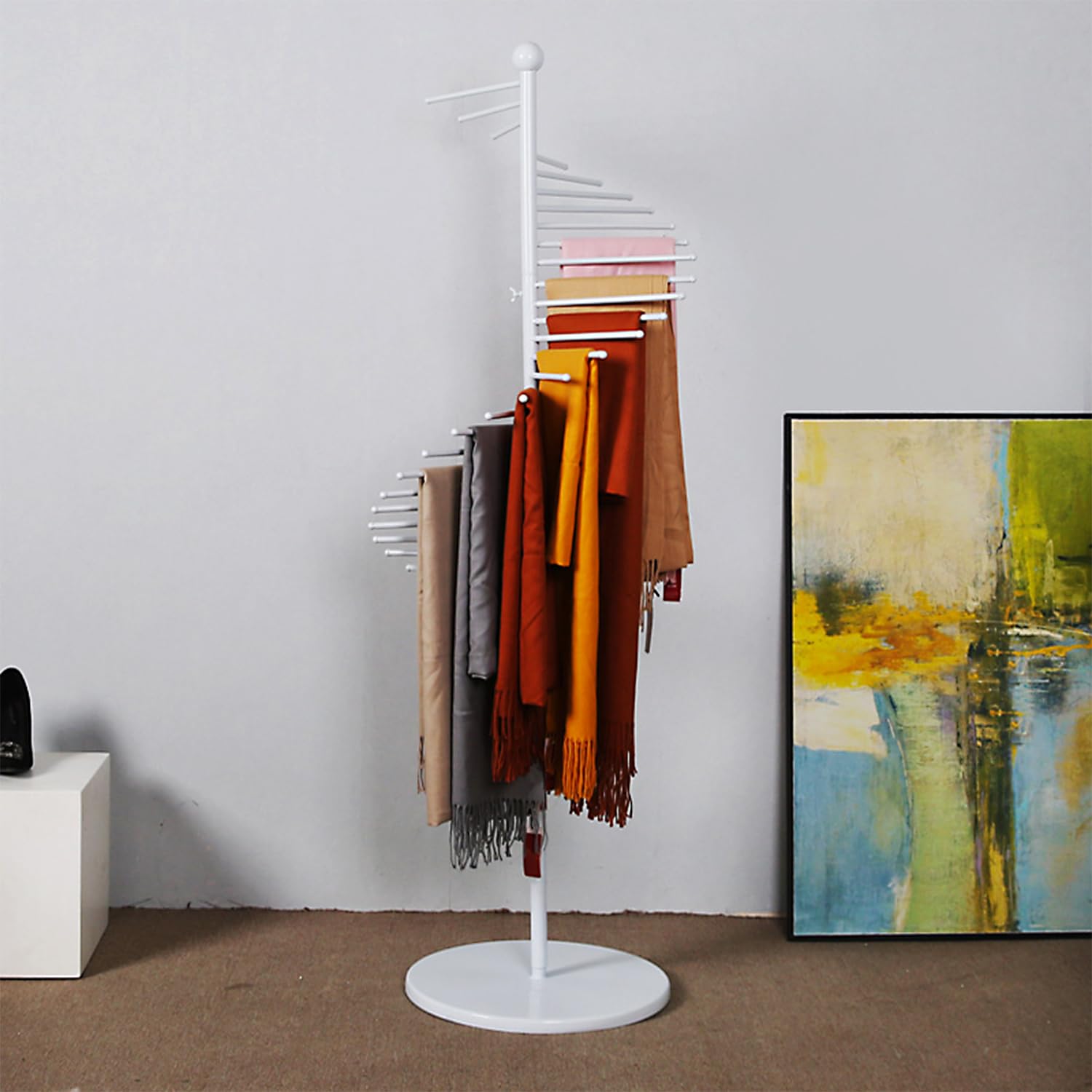 Organizador de Bufandas metálico Independiente con Base Estable, Perchero para Cinturones y Pantalones, Ahorra Espacio, para Tiendas minoristas, guardarropas, G,White-150cm/60in
