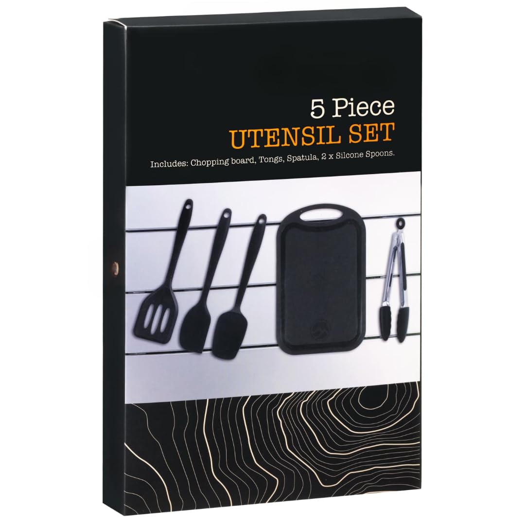 5 Piece Kitchen Utensil Set with Chopping Board – Portable Cooking Tools Set with Tongs, Spatula & Silicone Spoons – Compact Camping Cookware Kit for Travel, Picnic & Outdoor Cooking