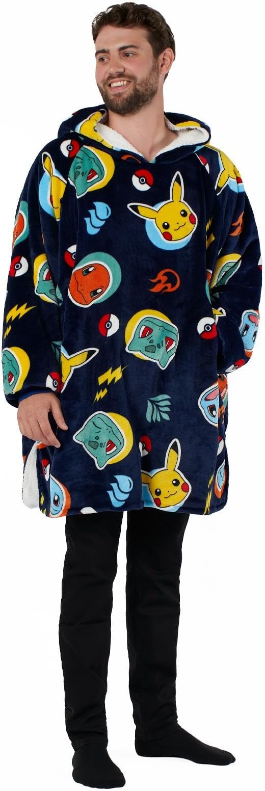 OHSPokémon Hoodie Blanket Adults, Oversized Blanket Hoodie Men Teenagers Pokémon Gifts for Boys Comfy Warm Ultra Soft Pullover Pokémon Accessories, Blue Large