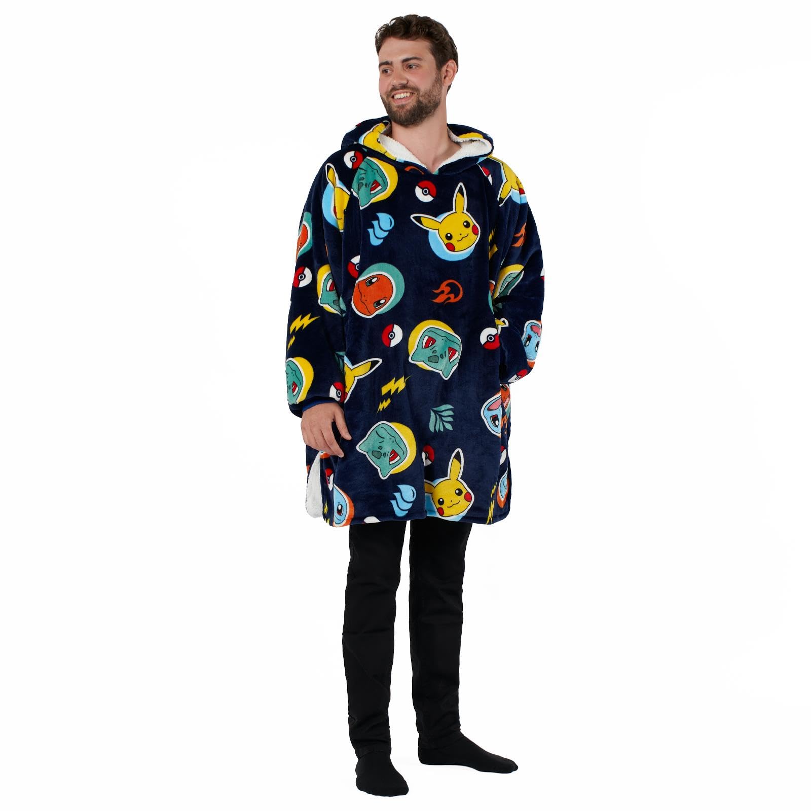 OHSPokémon Hoodie Blanket Adults, Oversized Blanket Hoodie Men Teenagers Pokémon Gifts for Boys Comfy Warm Ultra Soft Pullover Pokémon Accessories, Blue Large