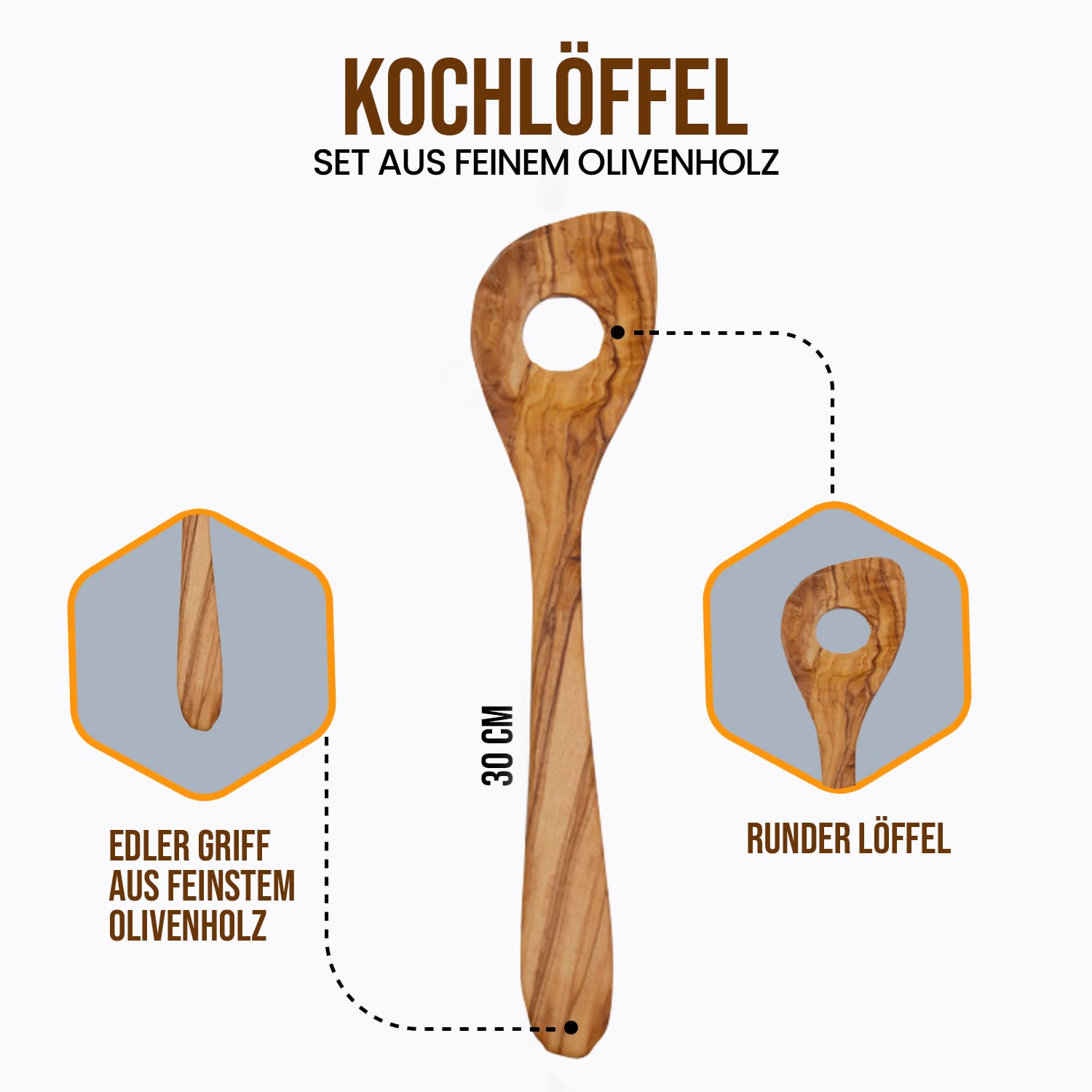 Set di 3 utensili da cucina in legno d'ulivo, cucchiaio in legno e cucchiaio, 30 cm e 20 cm, incluso