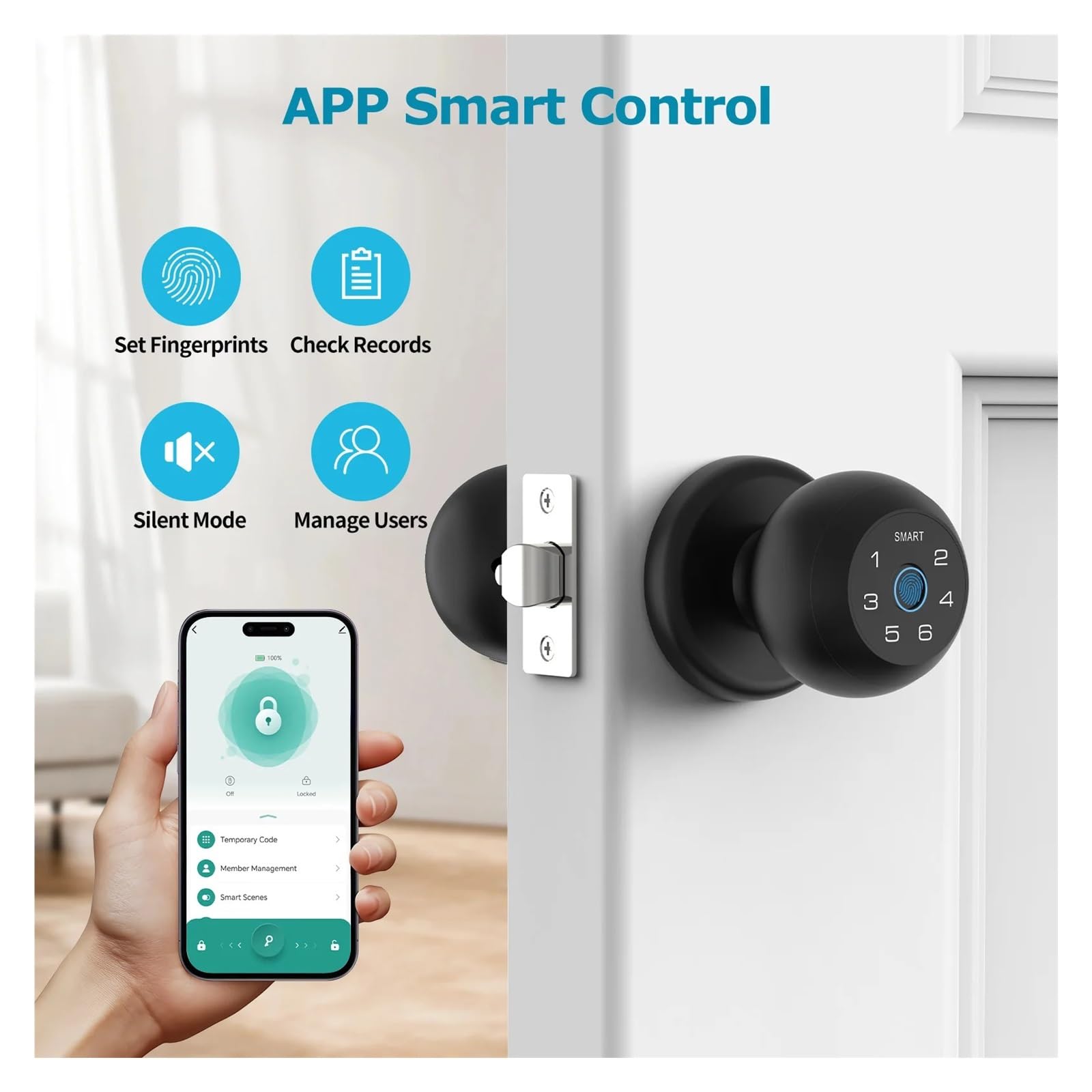 Smart Lock Cerradura de puerta de entrada sin llave, código de acceso de huellas dactilares, control de aplicación, teclado electrónico, cerradura de cerrojo para puerta interior