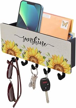 Key Holder Wall Mount with 5 Key Hooks, Rustic Sunflower Bee Summer Flowers Key Organizer with Mail Basket Wall Decor for Home Entryway Hallway Kitchen Office, 7.5" x 2.7"