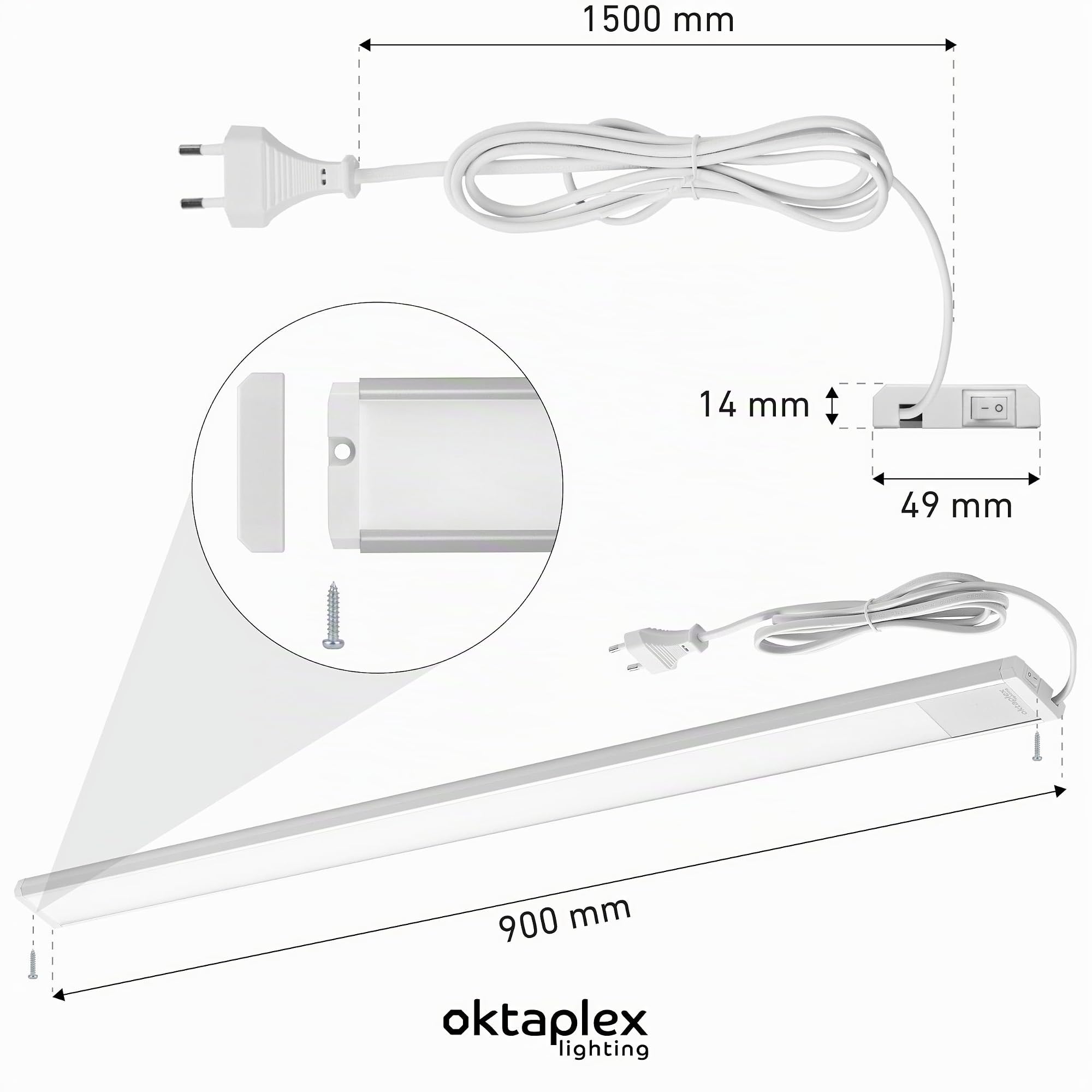 Oktaplex Riva luz LED plana bajo armario cocina 1110lm blanco cálido 90cm luz bajo armario plata con interruptor Luz de cocina 15W 230V