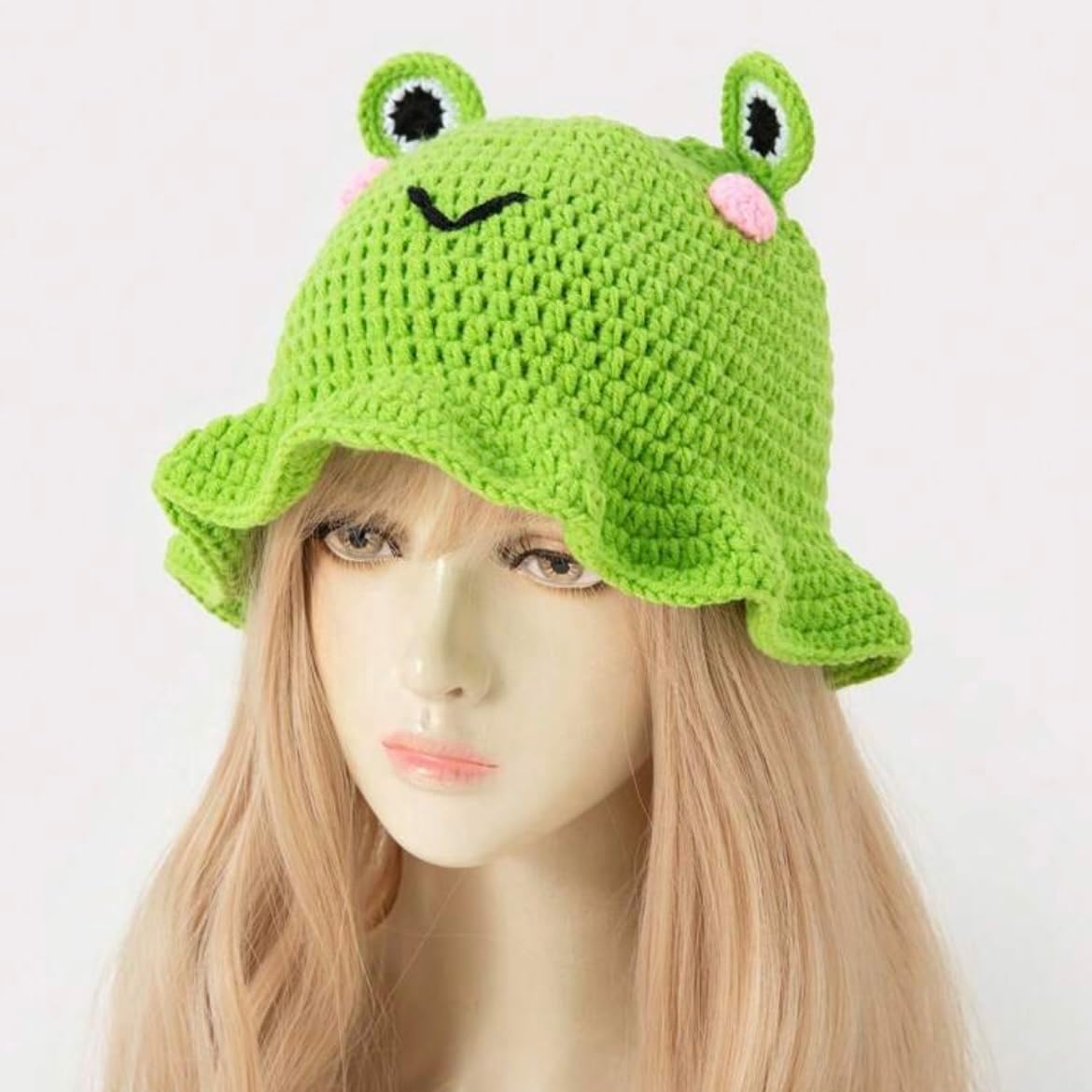 Cute Green Frog Earmuffs Knitted Beanie, Toad Crochet Hat, Cute Anime Warm Bucket Hat, Froggy Lover Gifts - view 3