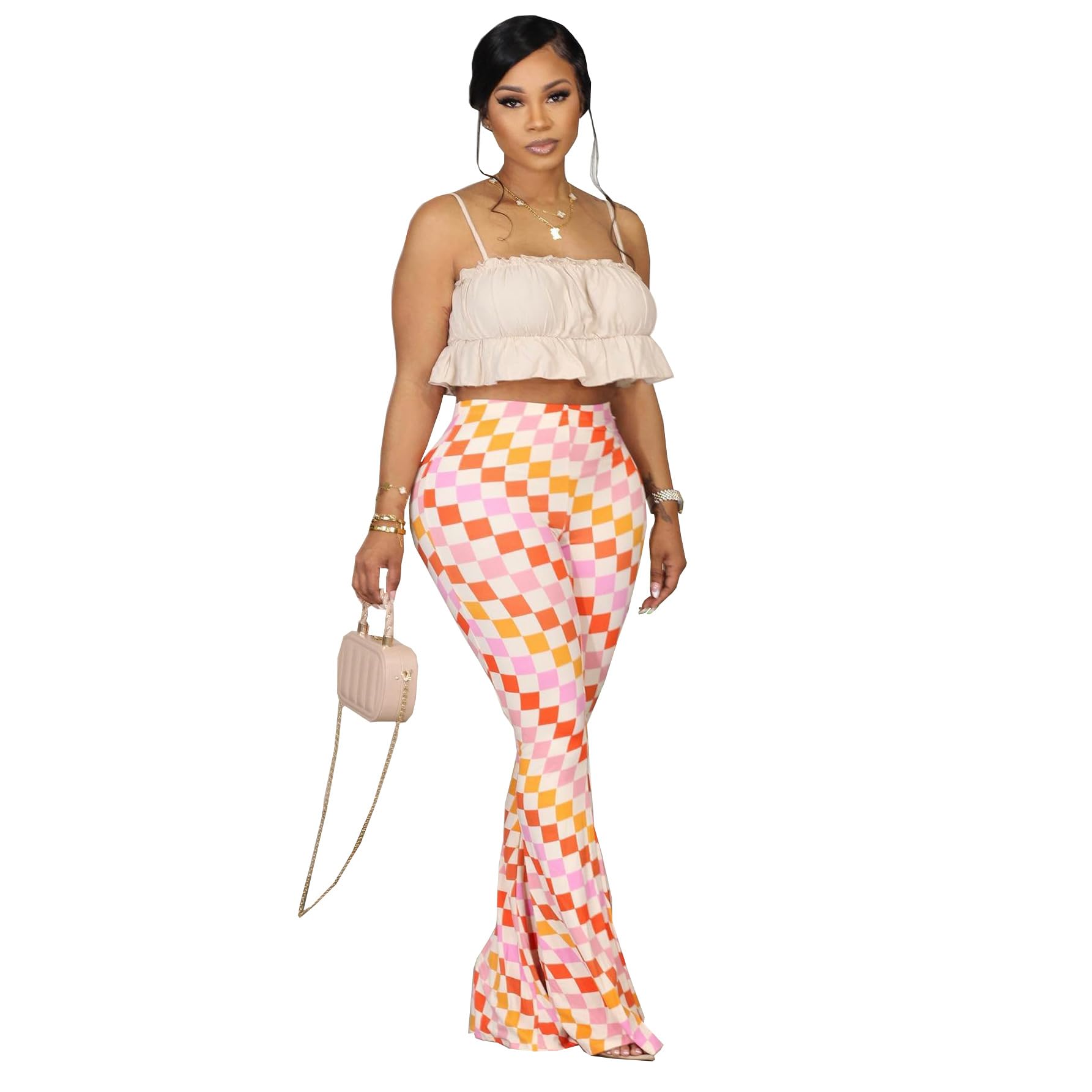 Pulkritu Fashion Women Floral Plaid Printed High Waist Flare Pants Summer Chic Vintage Stretch Legging Wide Leg Trousers