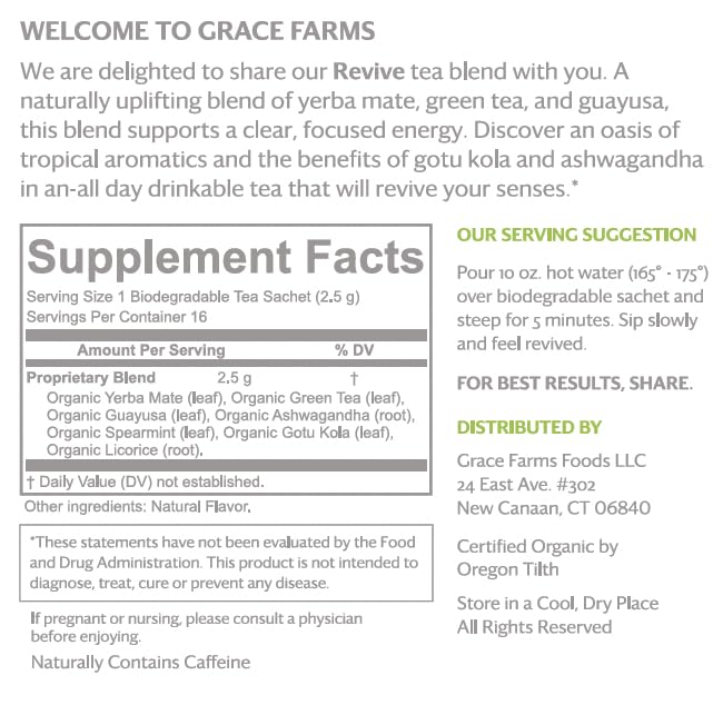 Grace Farms REVIVE Wellness Organic Tea Blend (16 Pyramid Sachets) | Yerba Mate, Green Tea, & Adaptogens | Natural Energy Coffee Replacement | Fairtrade & Kosher | Gives Back 100% of Profits - Image 3