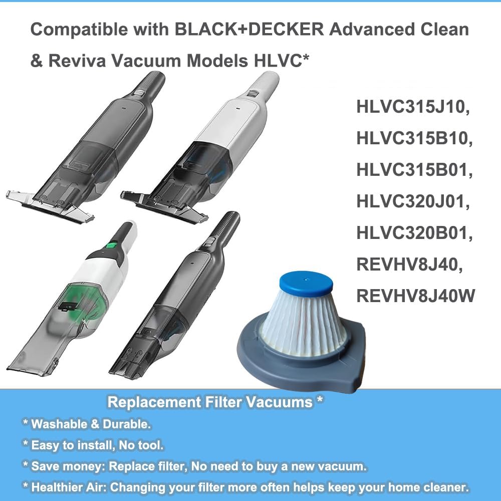 6pcs HLVCF10 Vacuums Replacement Filter Compatible with BLACK+DECKER Advanced Clean & Reviva Vacuum Models HLVC + HLVC315J10, HLVC315B10, HLVC315B01, HLVC320J01, HLVC320B01, REVHV8J40, REVHV8J40W