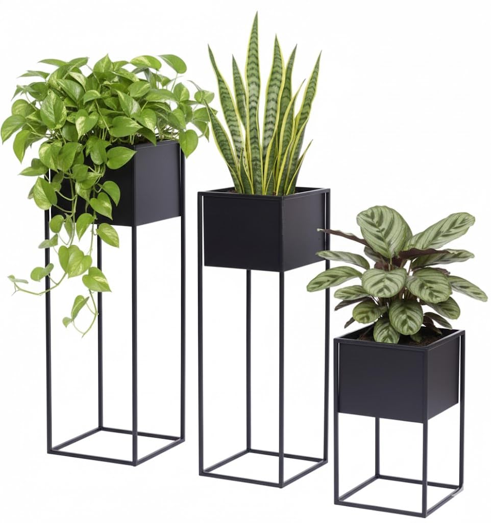 Blumenständer Metall Schwarz Set 3 (Höhe 40, 70 & 100 cm) - Pflanzenständer - Modern Deko Wohnzimmer - Salon Blumenhocker - Blumentreppe - Blumenregal Indoor
