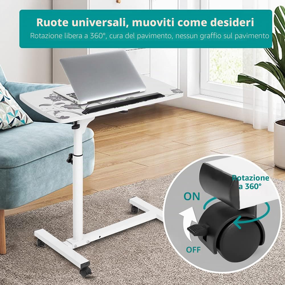 Wakects Tavolo Portatile per Computer Regolabile in Altezza con Rotelle, Tavolino da Letto e Divano con 4 Ruote, Bianco