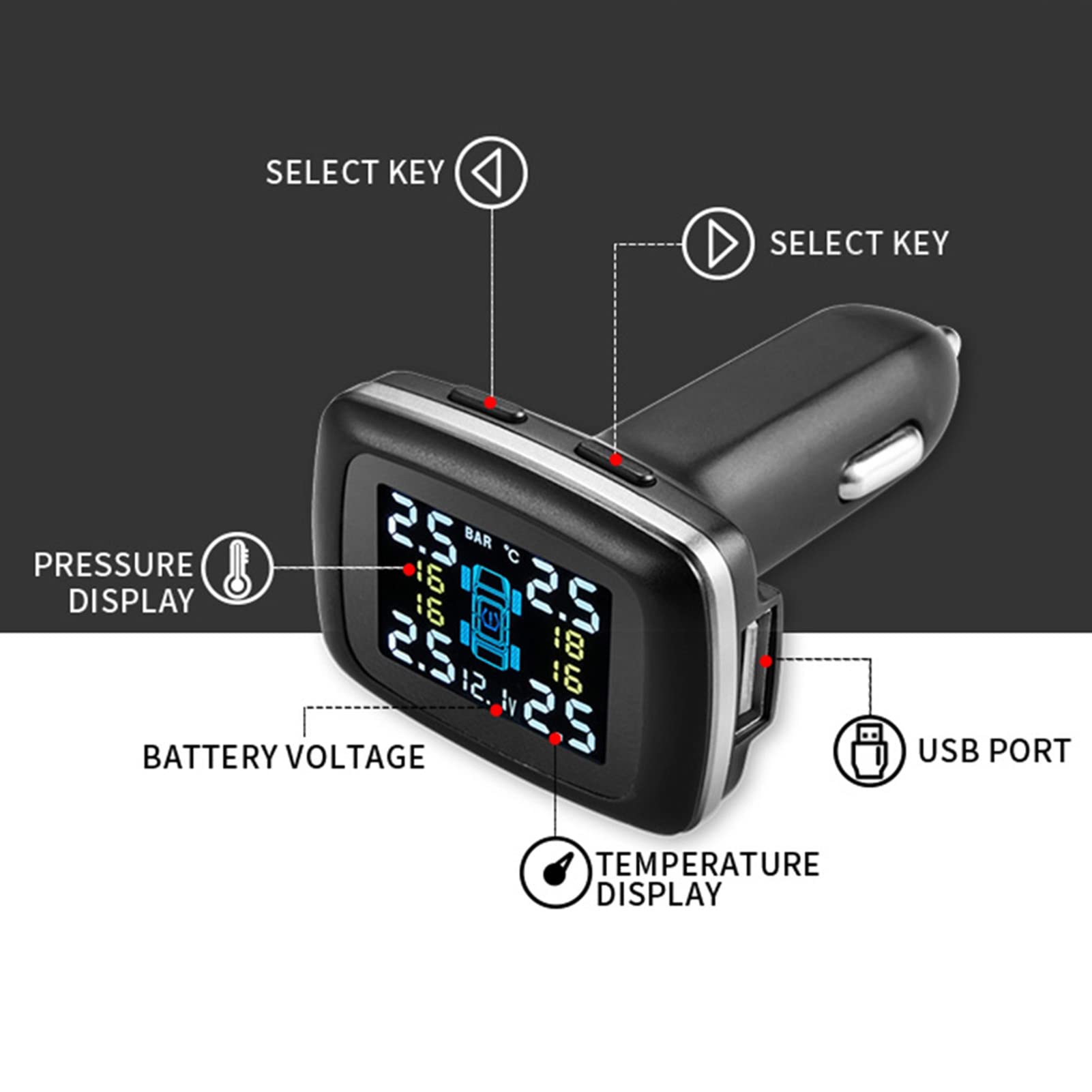 Ejoyous TPMS Reifendruckkontrollsystem, 433 MHz Reifendrucksensoren Auto Reifendruck Kontrollsystem mit 4 Externen Sensoren, Reifendruck Autoalarmsyste Echtzeit Druck und Temperatur