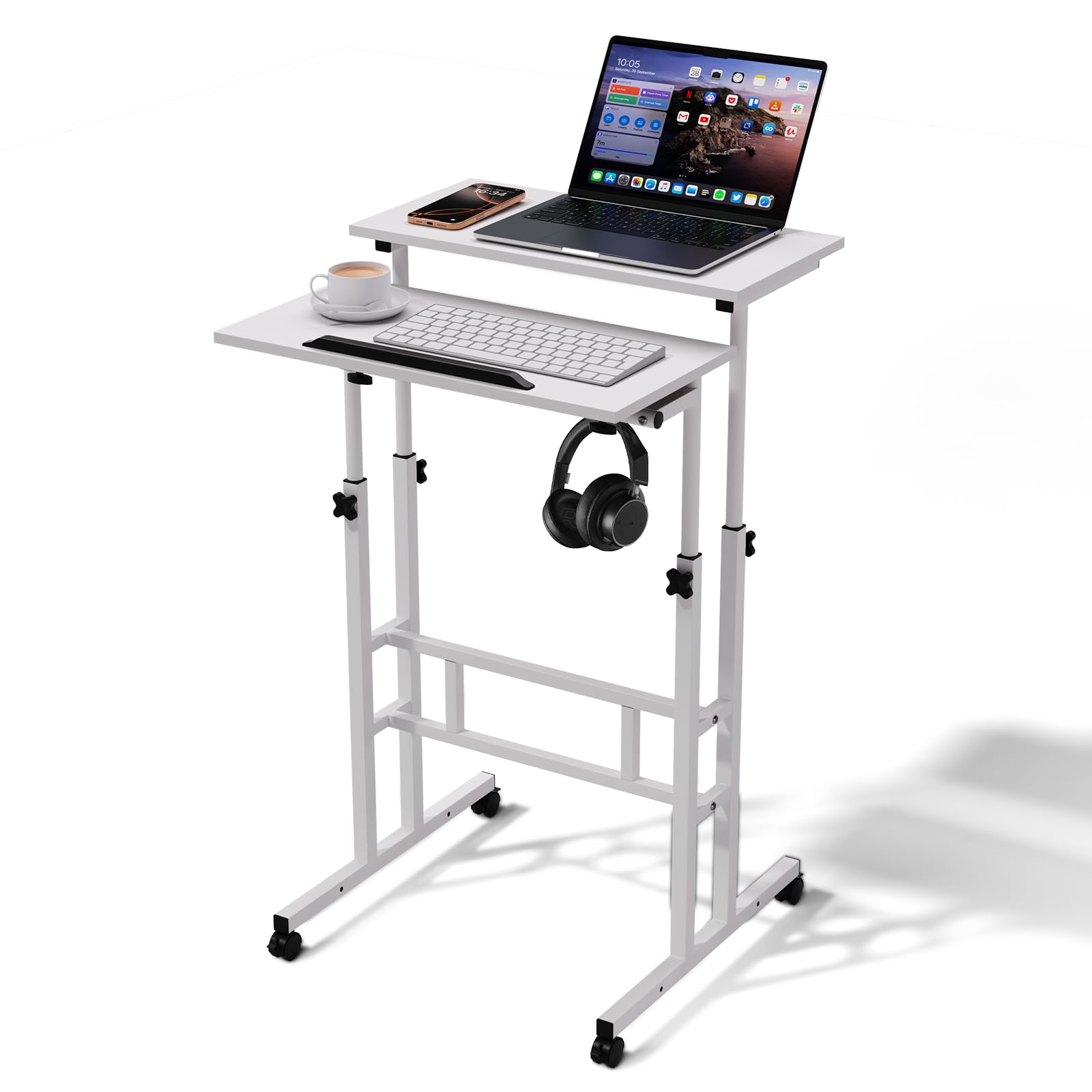 Magshion Standing Desk with Wheels, 28"-46" Heights Adjustable, Sit to Stand Up, Mobile Computer Table with Keyboard Tray Laptop Shelf for Walking Pad