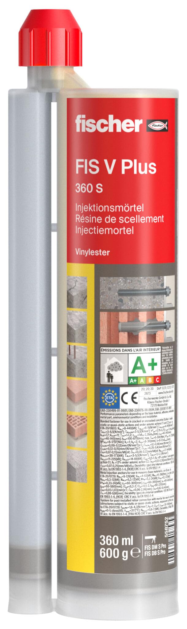fischer - Résine vinylester FIS V Plus / 1 cartouche 360ml + 2 becs mélangeurs FIS MR Plus