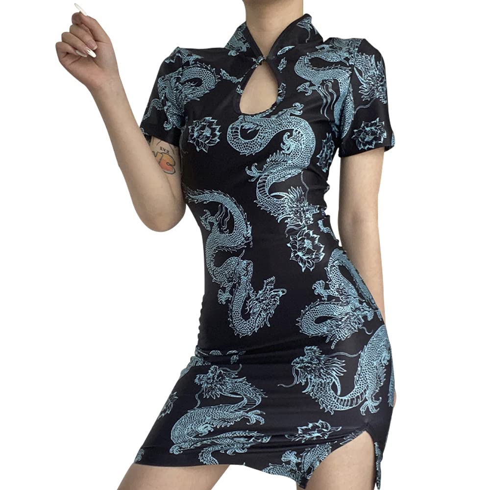 YUDATPG Vestido chino Cheongsam de manga corta para mujer, vestido sexy de graduación, vestido tradicional con abertura lateral, estilo palacio, ajustado, cuello halter, dragón y vestido entallado,