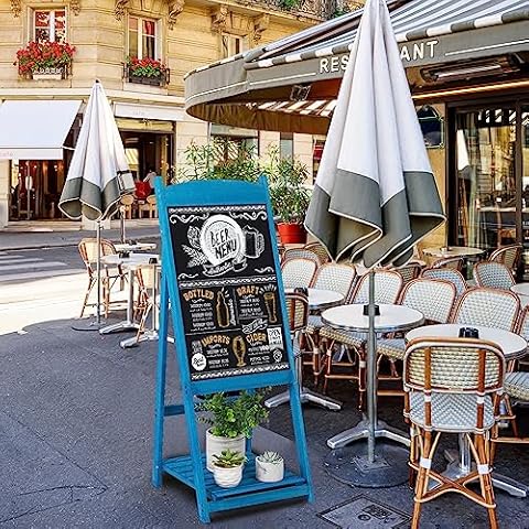 BORWART Message Writing Board Stand 38" x 16" Wood Chalkboard Sign with Display Shelf for Wedding,Party,Groceries,Restaurants,Clubs Magnetic Chalkboard Sign（Blue） Cover