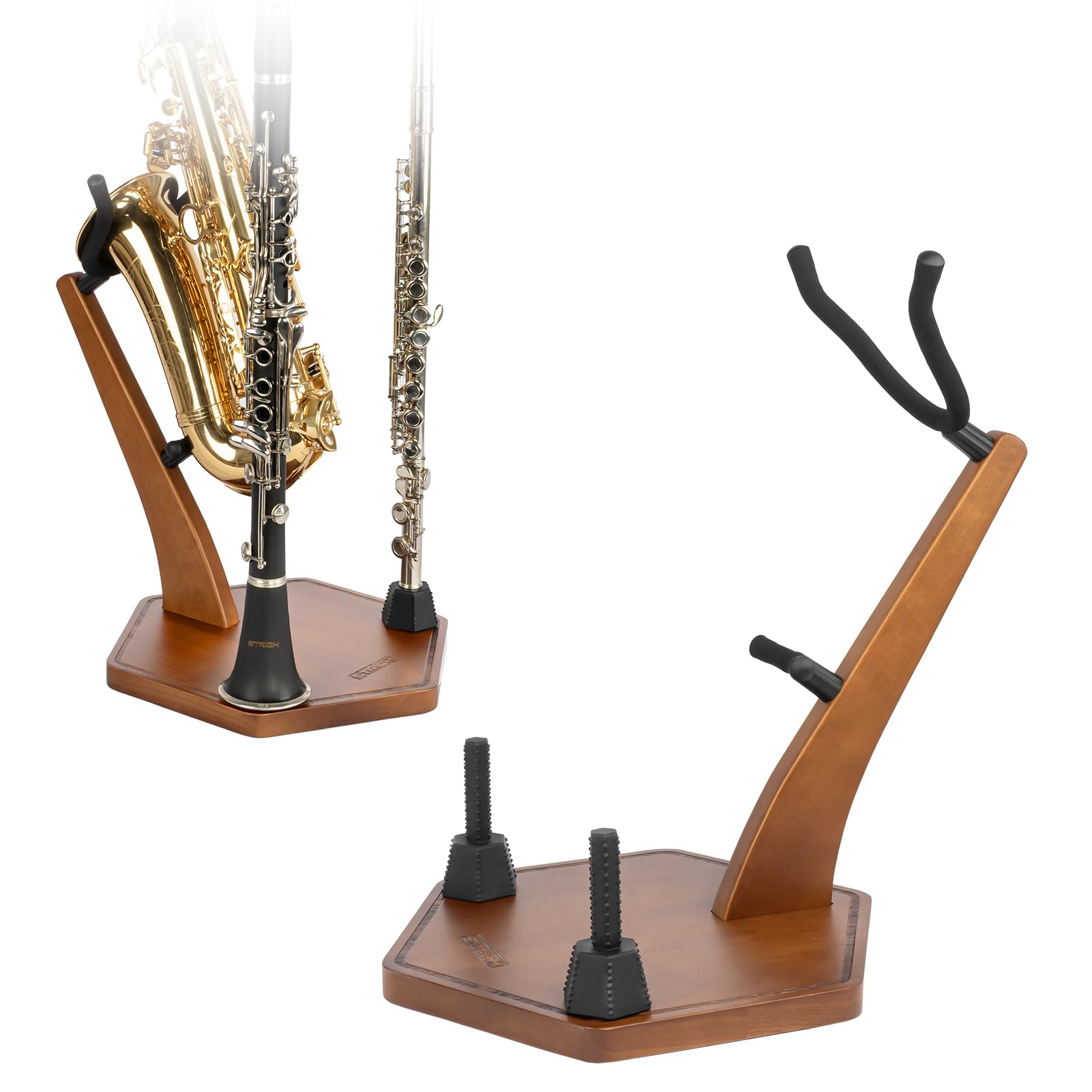 STRICH Wooden Saxophone Stand Display For Alto Tenor Sax, Handmade Solid Wood Floor Stand Holder Colour Walnut, Weighted Heavy Base Sax Stand with 2 Flute/Clarinet Holders