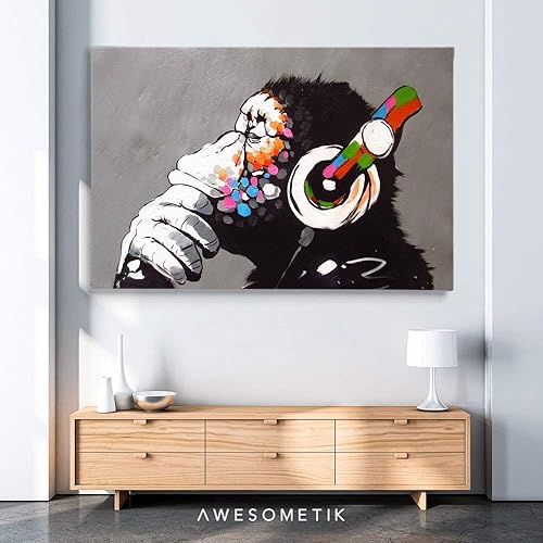 Miniatura 2 de "AWESOMETIK" DJ Monkey Gorilla Chimp - Lienzo decorativo para pared listo para colgar. Fabricado en Estados Unidos (18 x 12 pulgadas envuelto en