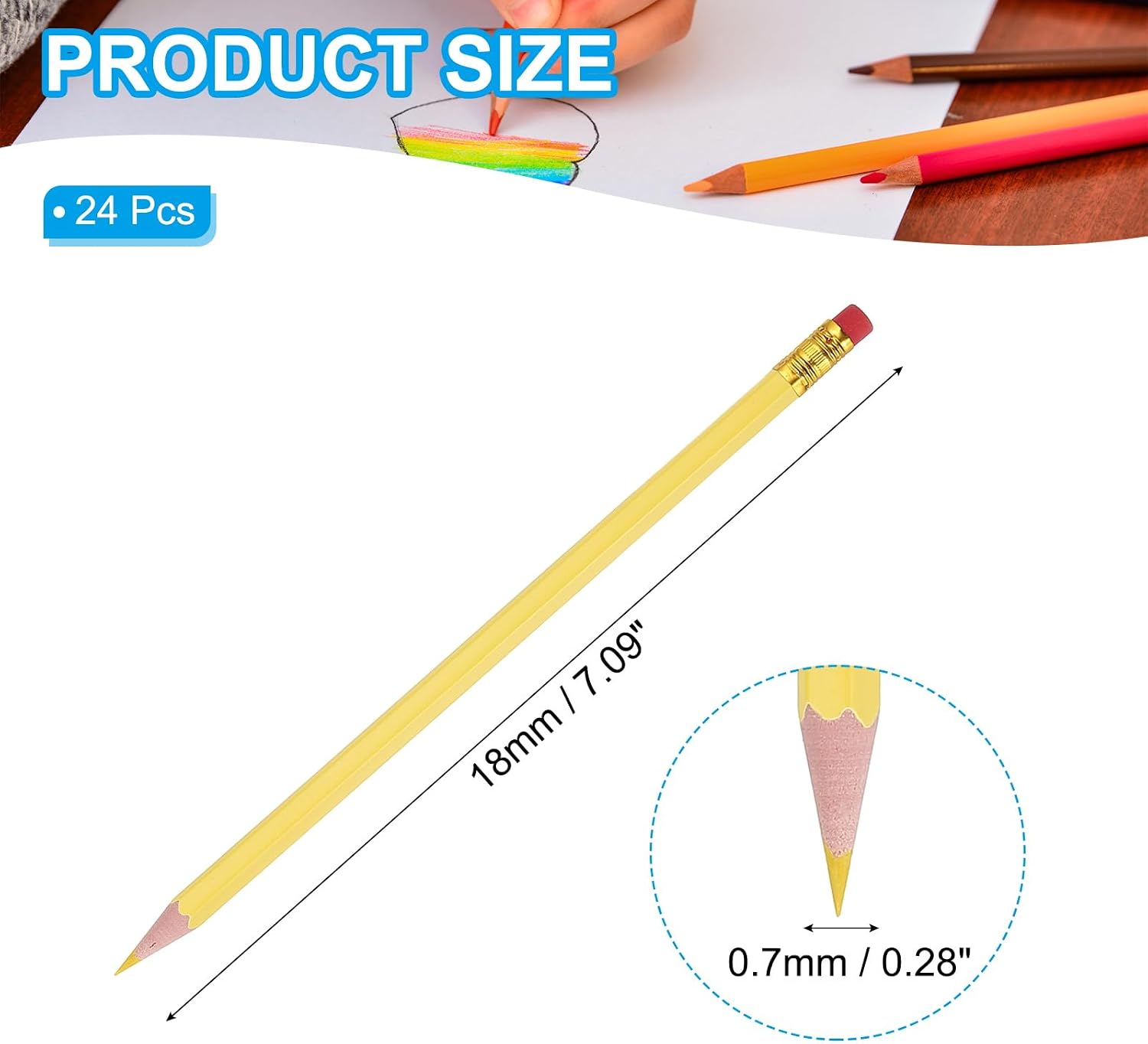 PATIKIL Erasable Colored Pencils, 24 Pcs Oil Color Pencils with Erasers Hexagonal Rod Wooden Colored Pencils for Tests Marking Grading Art Painting, Yellow image 2