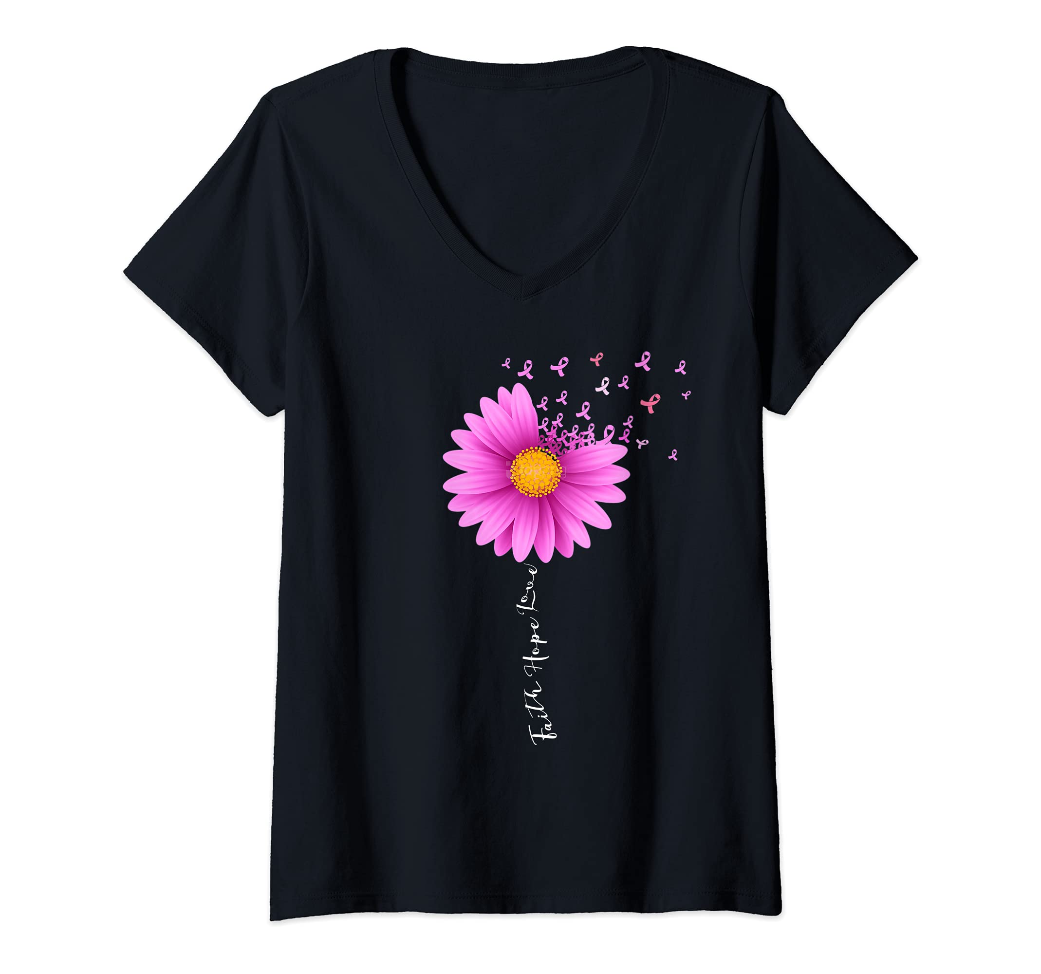 Breast Cancer AwarenessWomens Breast Cancer Pink Ribbon Flower Faith Hope Love V-Neck T-ShirtOEKO-TEX STANDARD 100