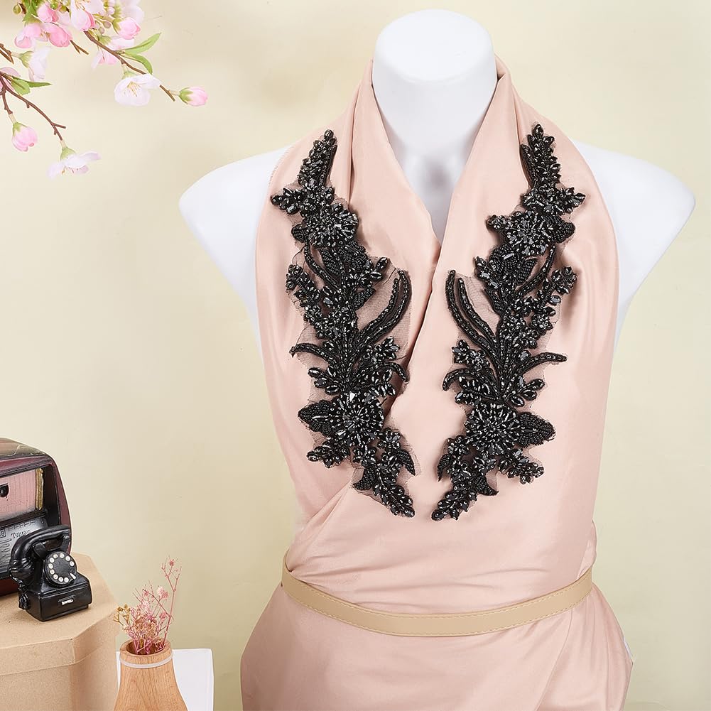 FINGERINSPIRE 1 par de apliques de flores de estrás de cristal 340 x 95 x 5 mm Negro Rhinestone apliques de flores bordados apliques de diamantes de imitación apliques de tela para vestidos de novia