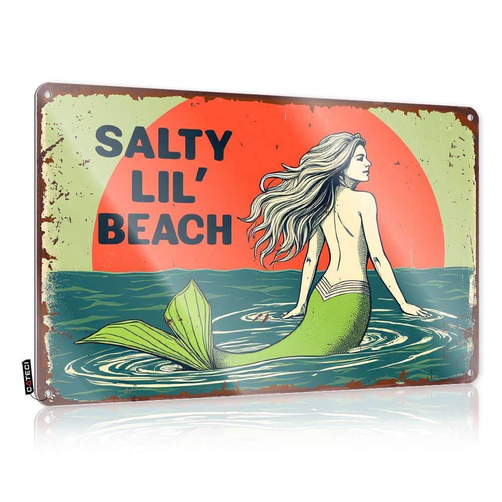 Bar Decor For Home Salty Lil' Beach Mermaid Sunset Tin Sign Man Cave Tin Sign Tin Signs(30X40CM)