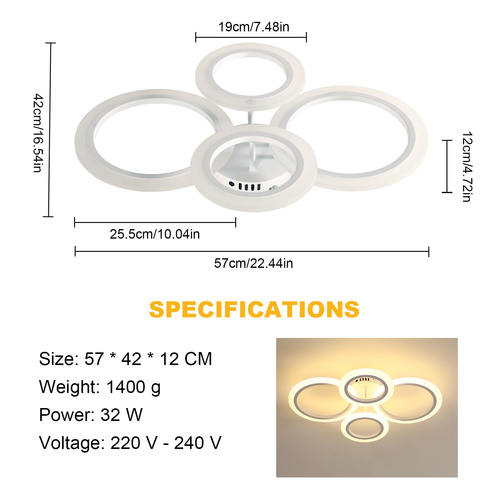 Dimmable LED Ceiling Light with Remote Control, 32W 3600LM Ceiling Lamp with 4 Round Rings, 3000K-6500K Adjustable Brightness, Memory Function, Chandelier Lighting for Living Room, Bedroom, White - Image 2