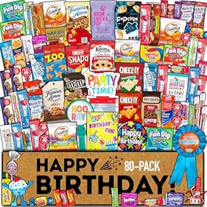 Birthday Care Package (80 Count) Snacks Food Cookies Chocolate Bar Chips Candy Party Variety Gift Box Pack Assortment Basket Bundle Mix Bulk Sampler Treat College Students Kids Teens Office School