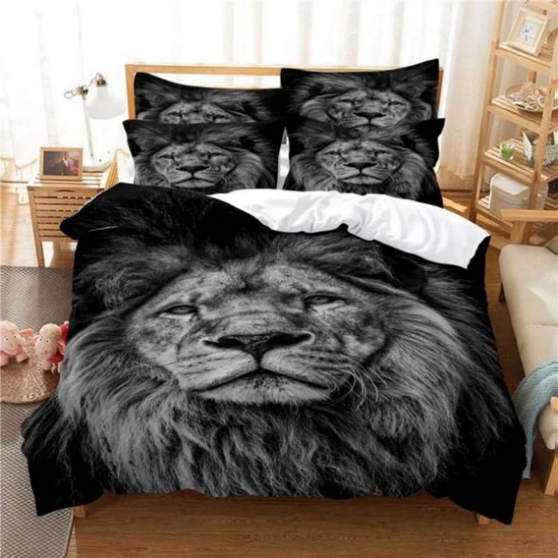 Housse de Couette 220x240 Lion Gris en microfibre supérieure de 110g/㎡ au toucher doux