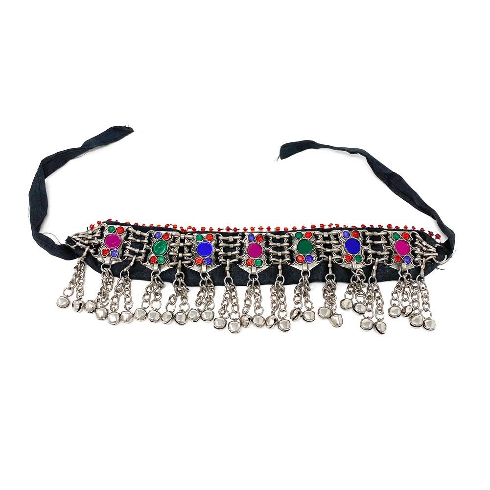 Duel On JewelAfghan Tribal Kuchi Womens Oxidized Vintage Anrique Handmade Coins Bells Statement Pendant Choker Necklace in Multicolor - Bohemian Belly Dancing Dandiya Jewelry