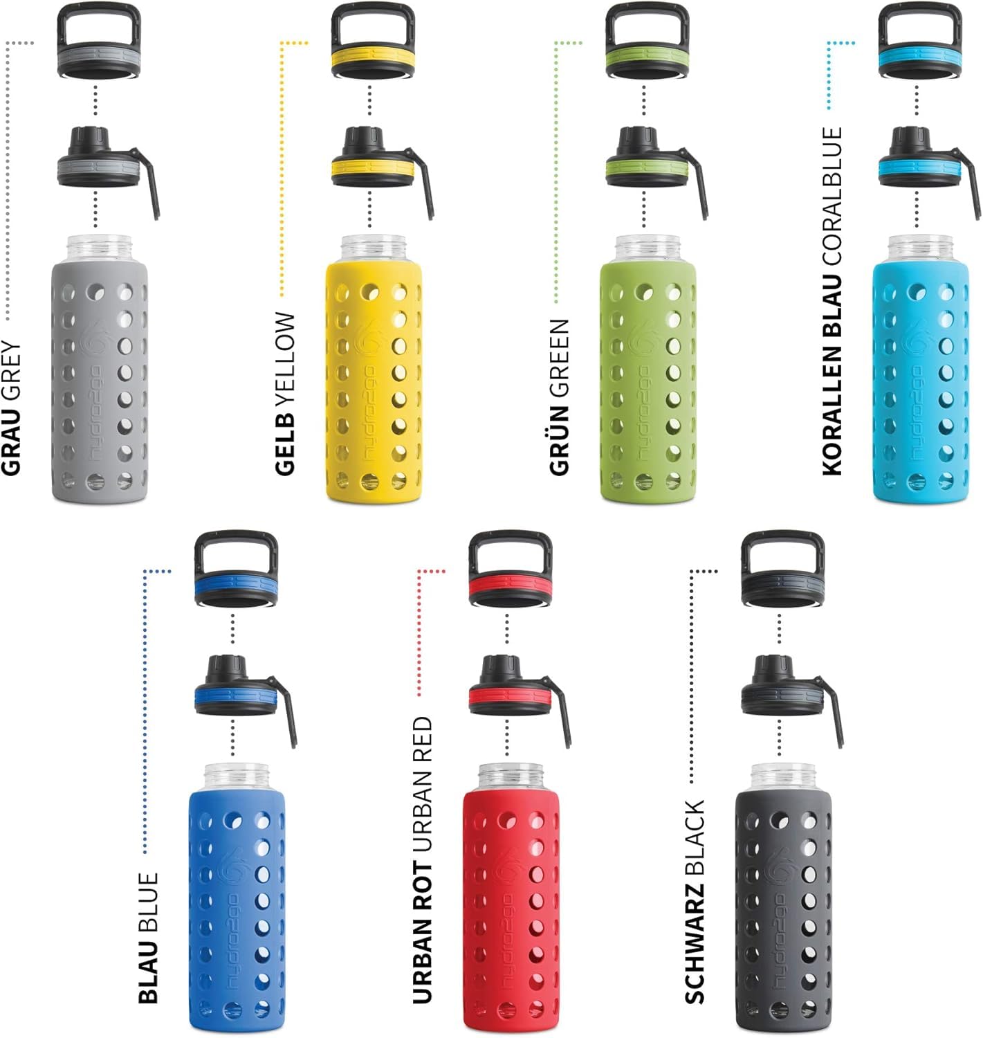 Hydro2Go® Gourde en Verre avec Couvercle en Silicone 950 ML - va au Lave-Vaisselle | 2 couvercles interchangeables | 100% étanche