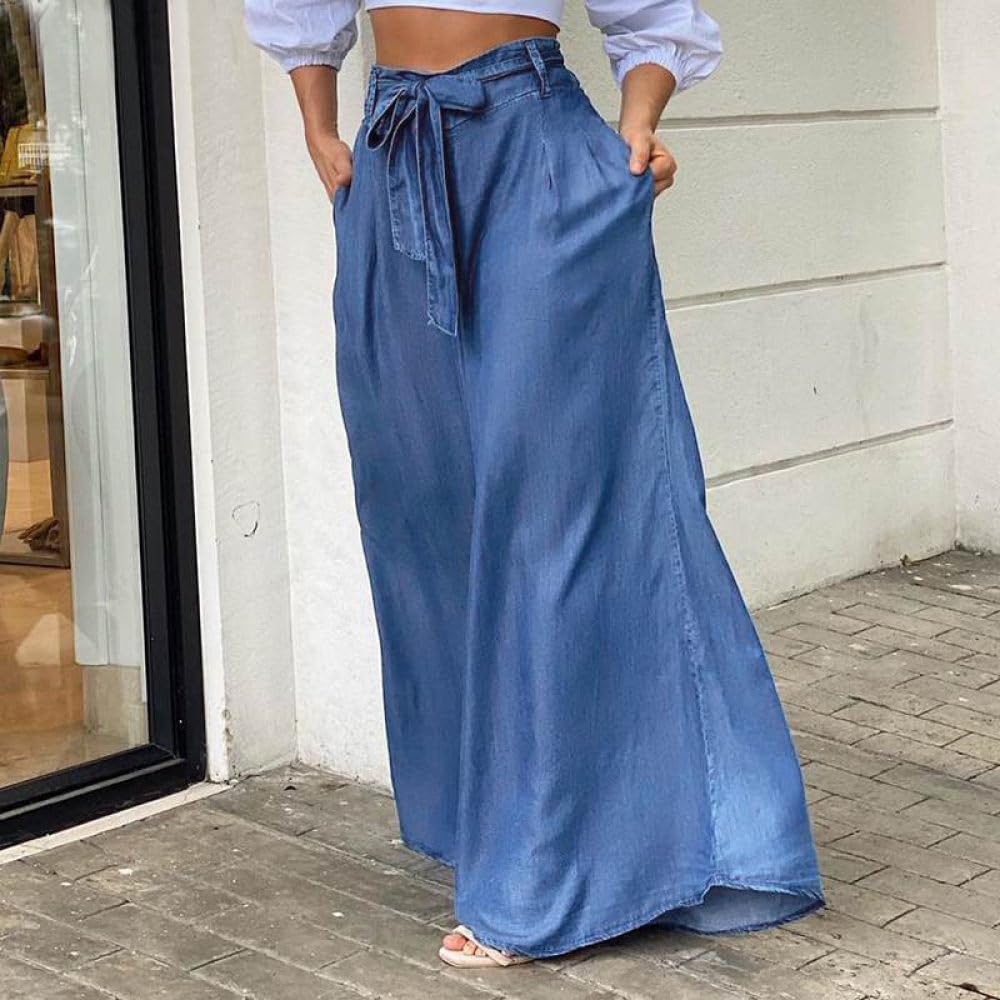 Weite Hose Damen, Denim-Culottes-Hose Hose Mit Weitem Bein Übergröße Schleife Hohe Taille Palazzo-Hose Elegante Lockere Leichte Sommerhose Modische Fließende Strandhose Oceanside-Hose Hellblau S