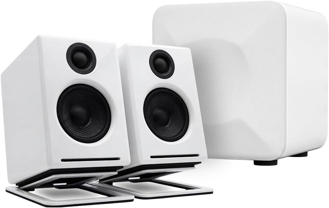 Audioengine A2+ Bluetooth Computer Speaker Bundle – Compact Desktop Speakers for PC & Laptop with S6 Subwoofer and DS1M Speaker Stands in White