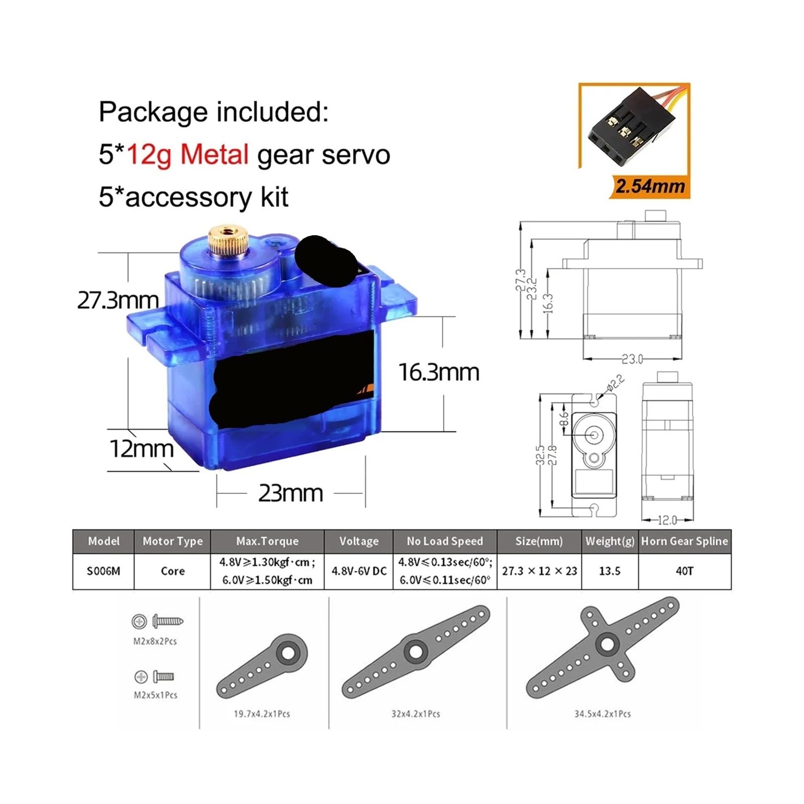 1/5 pezzo 9g 12g servomotore con ingranaggi in metallo/plastica(5pcs 12g S006M Blue)