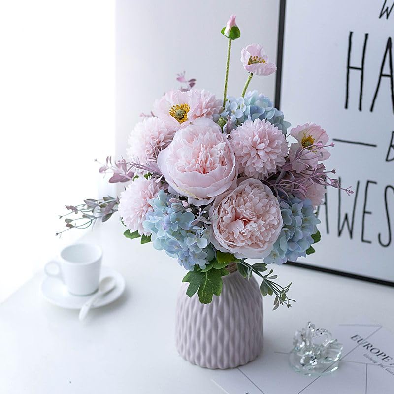 Jarrón de cerámica rosa con flores de seda artificiales para decoración de salón 3