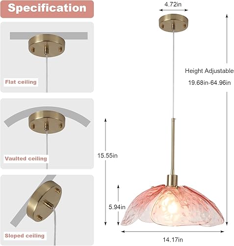 Miniatura 4 de Lámpara colgante de cristal martillado rosa  Lámpara colgante vintage grande de 14 pulgadas, moderna lámpara colgante industrial de granja, lámpara