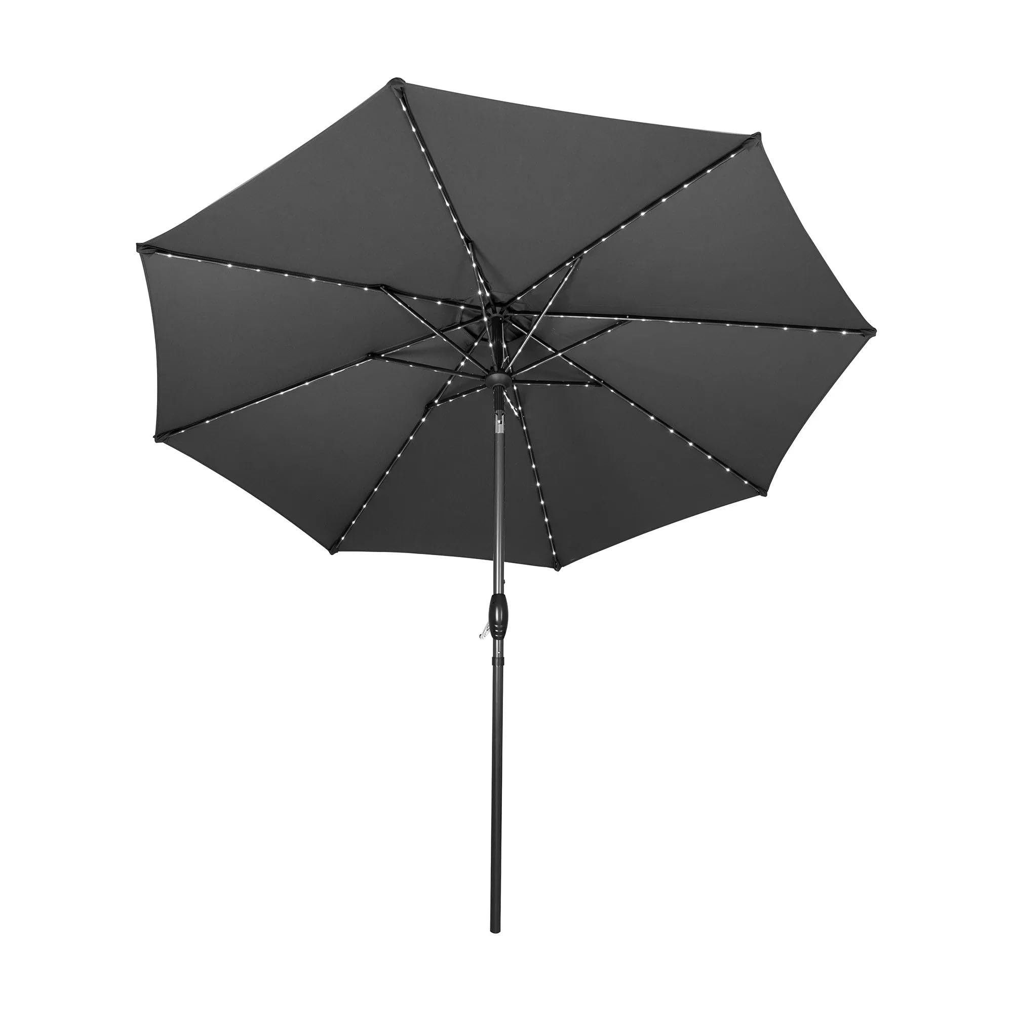 Beige 2.7m LED Tilt Parasol Umbrella Garden Sun Shade Canopy Patio Outdoor UV Protection Winding Crank Adjustable 128 Solar Power Lights Cool White 8 Ribs Waterproof Rain Cover