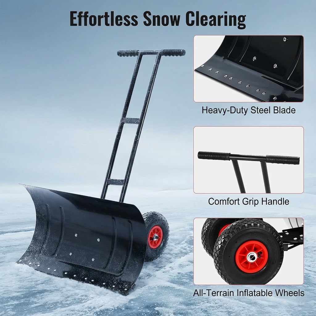 Pala de nieve para entrada, empujador de nieve de metal con ruedas, quitanieves con hoja de ángulo ajustable grande de 29 x 16.5 pulgadas
