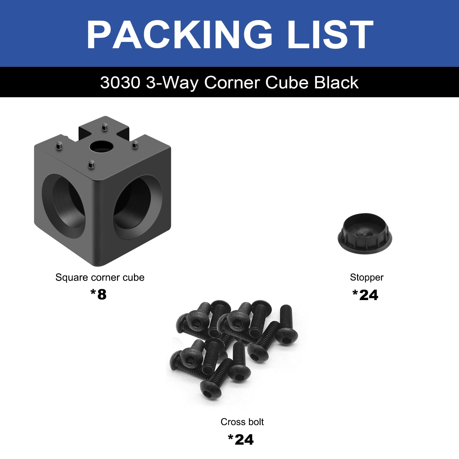 iMetrx 8 pcs 3030 3-Way Corner Cube 3030 Extrusion Hardware T-Slot V-Slot Accessories with Screws and Nuts for 30x30 Aluminum Extrusion Connector 3D Printer Accessories Black - Image 2