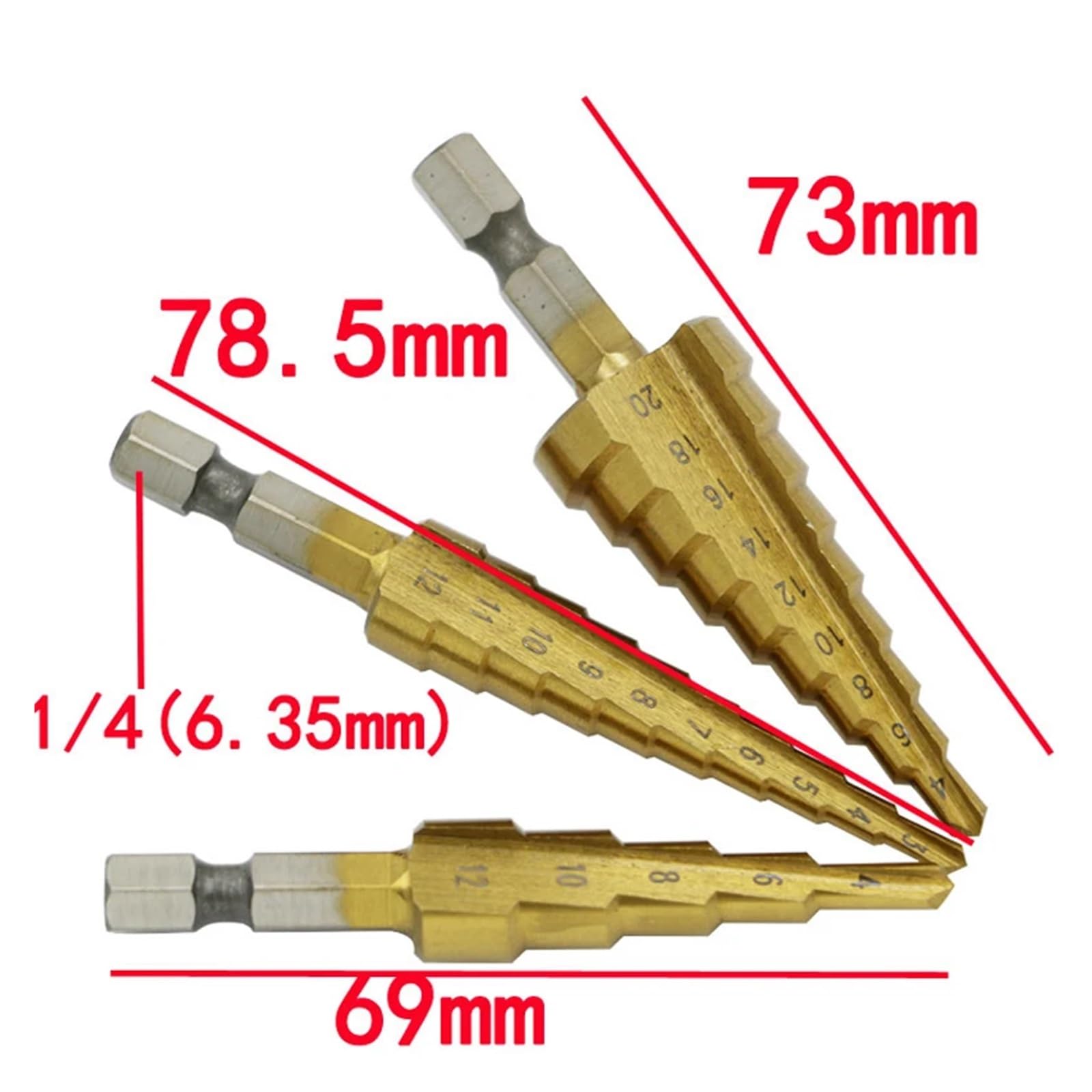 Foret hélicoïdal, 3 forets étagés droits de 12 mm, 12 mm, 20 mm.