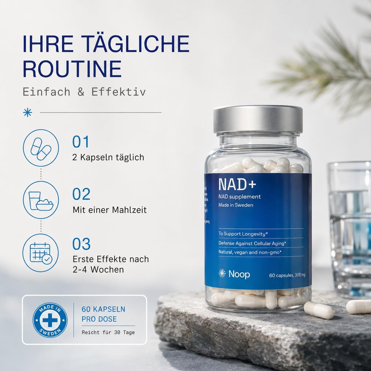 NAD+ Nicotinamid-Ribosid Kapseln, Hochreines NR Supplement, Vegan & Laborgeprüft, Hergestellt in Schweden — 300 mg, 60 Kapseln NOOP